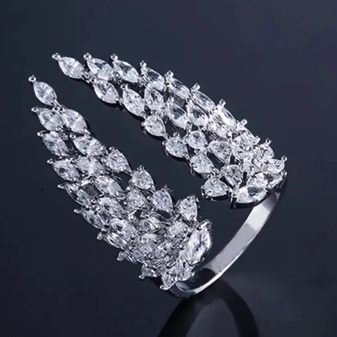 Bling Bling Wing Feather Adjustable Ring for Women Party Fashion Jewelry Cubic Zirconia Brass