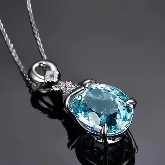 Sky Blue Cubic Zirconia Water Drop Pendant Necklace in Copper Alloy