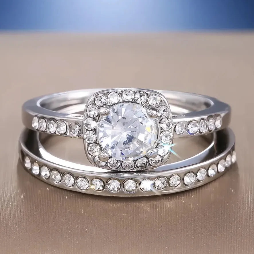 2PC Bridal Wedding Engagement Rings Zinc Alloy Cubic Zirconia Prong Setting Size 5-14