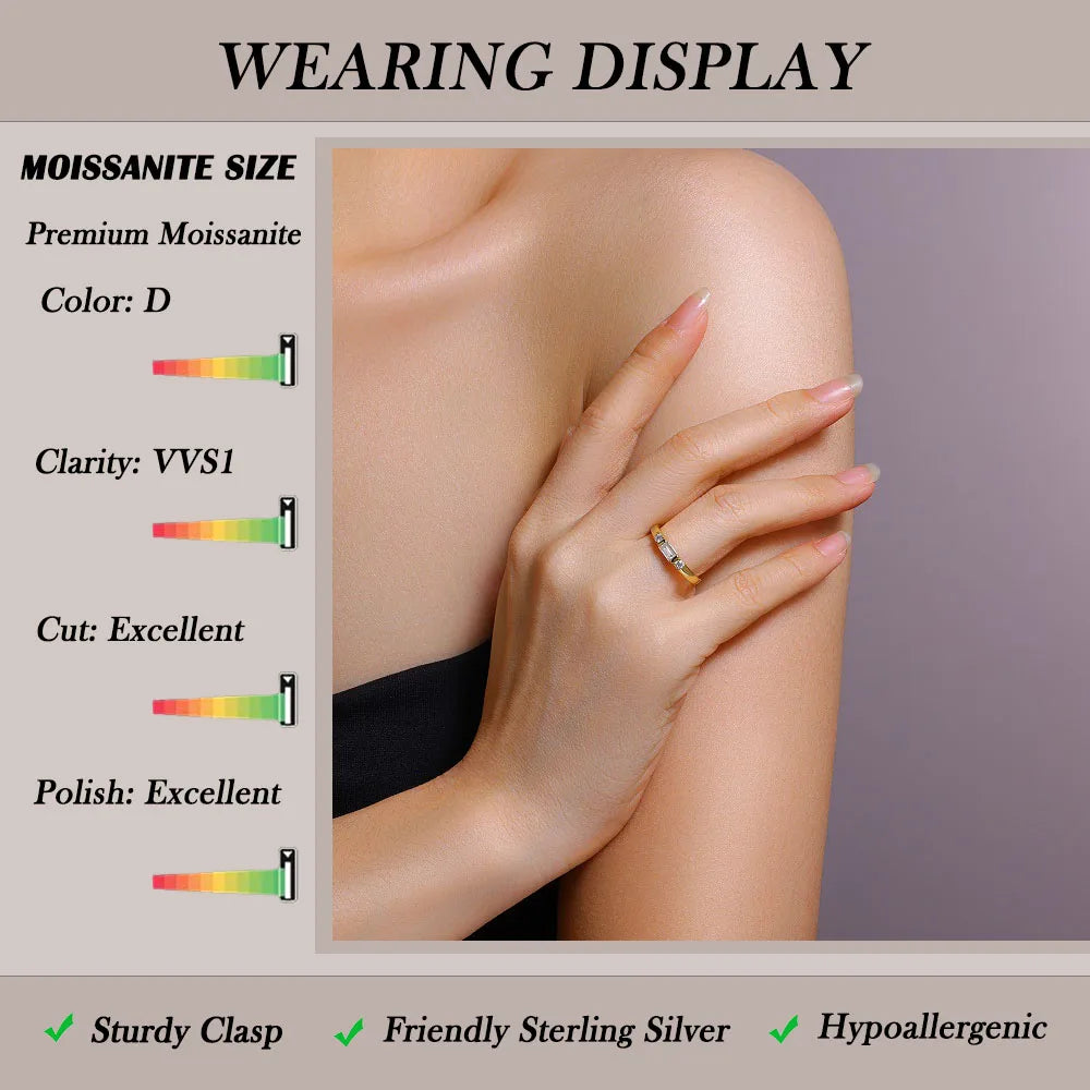 0.12CTW Baguette Cut Moissanite Ring 925 Silver 18K Gold Plated Gift for Women