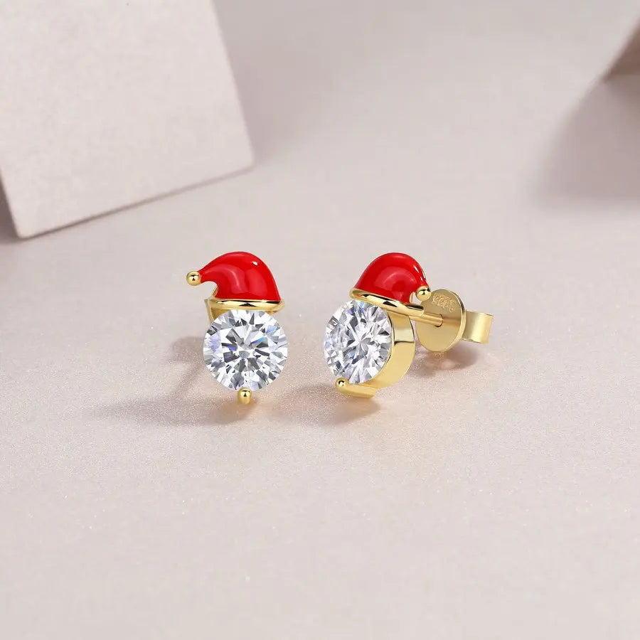 925 Sterling Silver Santa Hat Stud Earrings 18K Gold Plated 6.5mm Moissanite Jewelry for Women