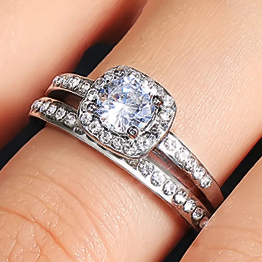 2PC Bridal Wedding Engagement Rings Zinc Alloy Cubic Zirconia Prong Setting Size 5-14