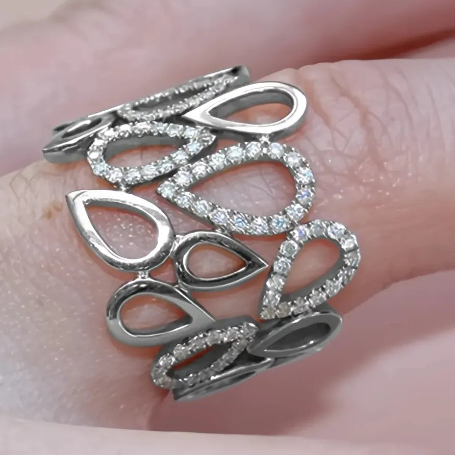 Women’s Water Drop Hollow Linked Silver CZ Ring for Party Wear
