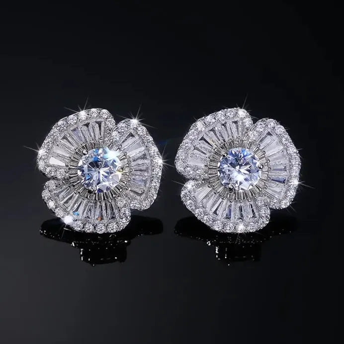 Geometric Cubic Zirconia Petal Stud Earrings Bling Wedding Jewelry