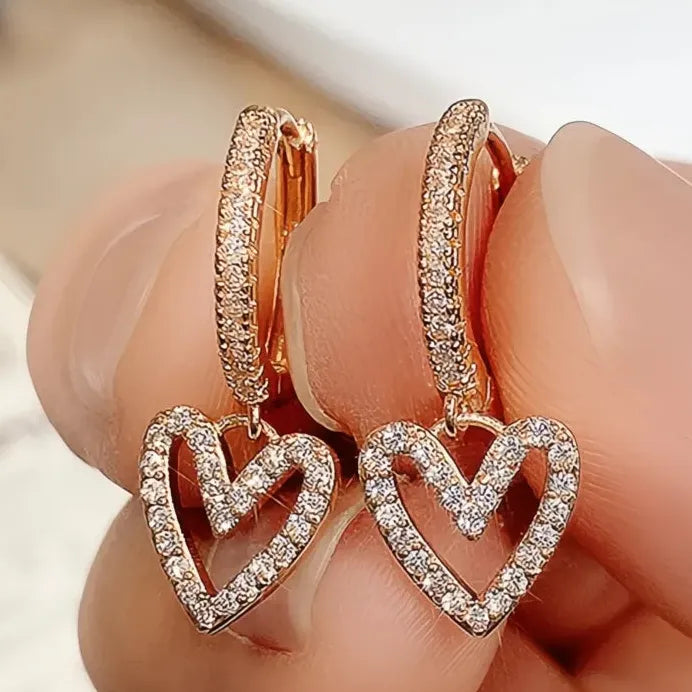 Heart Dangle Earrings with Shiny CZ Stone Korean Fashion Jewelry for Women