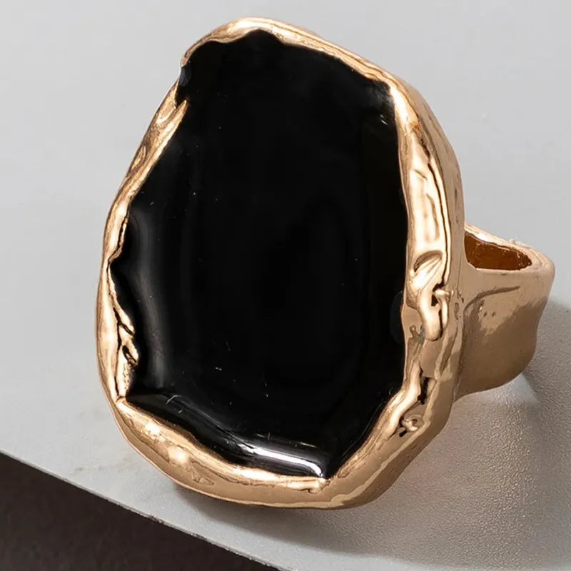 Bohemian Gothic Stainless Steel Large Black Stone Statement Ring for Women