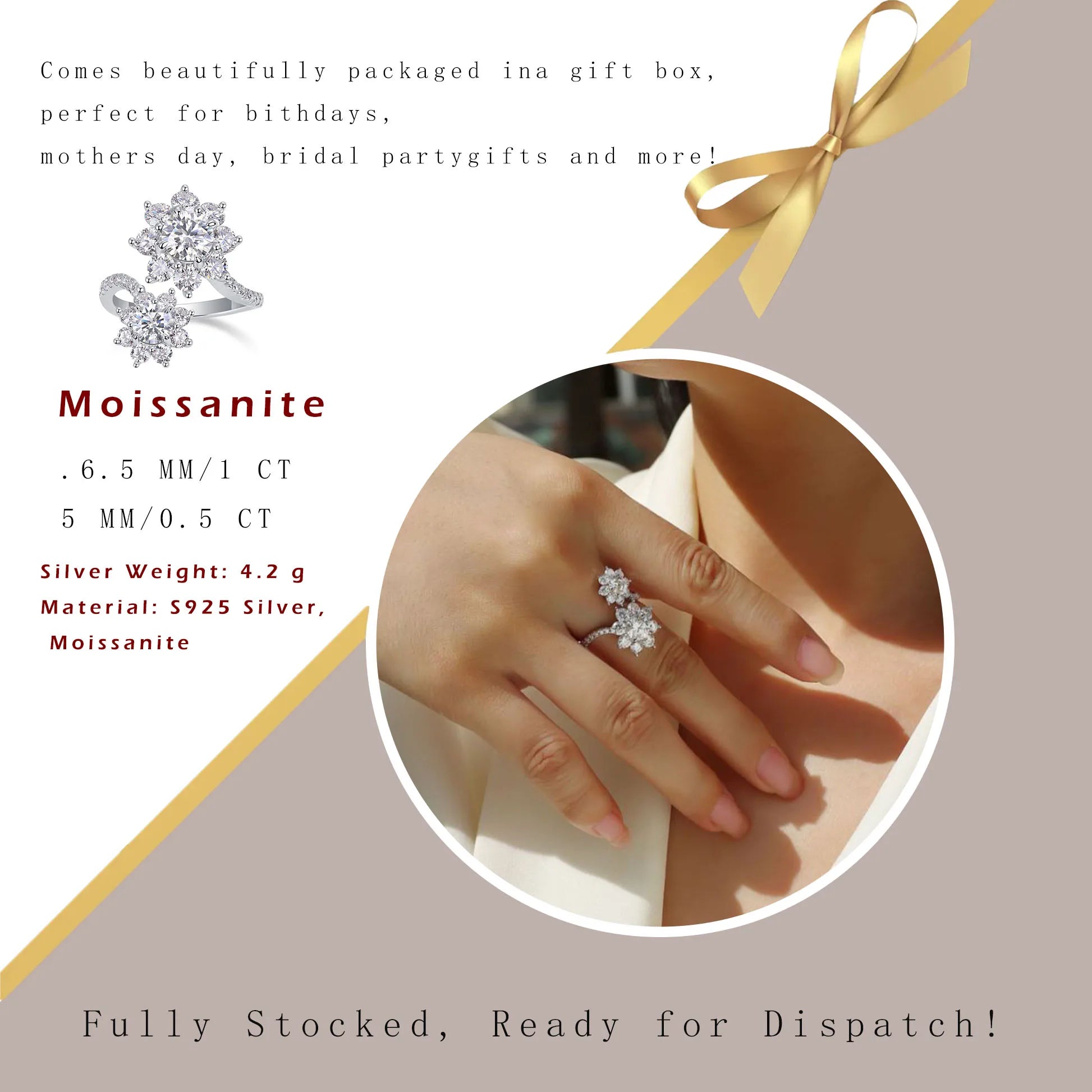 925 Sterling Silver Gold Plated Moissanite Double Flower Ring Anniversary Gift