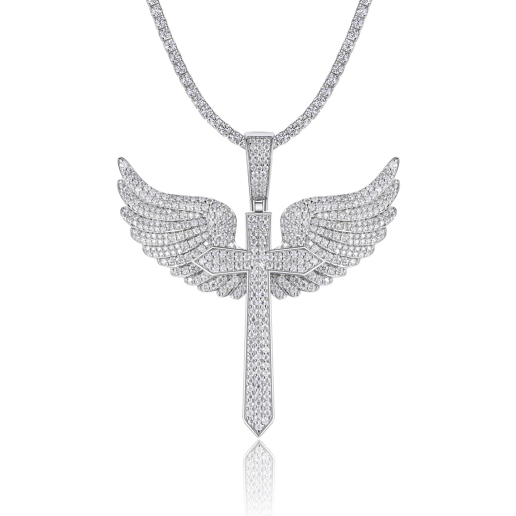 Halloween Gothic Cross Angel Wings Necklace 925 Silver Moissanite Pendant Jewelry