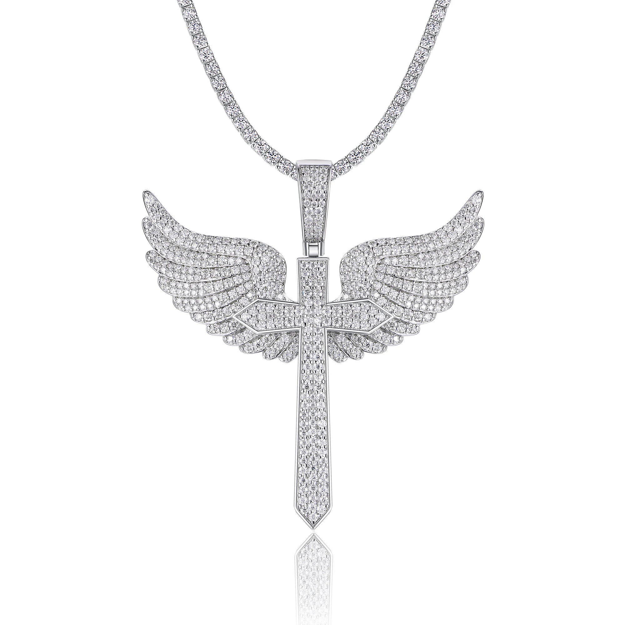 Halloween Gothic Cross Angel Wings Necklace 925 Silver Moissanite Pendant Jewelry