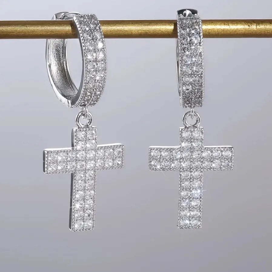 Luxury Korean Silver Cross Drop Earrings for Women with Cubic Zirconia
