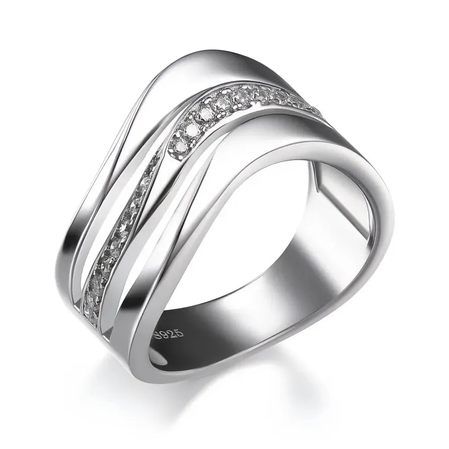 Elegant Silver Wave CZ Stone Ring for Women Party and Office Jewelry
