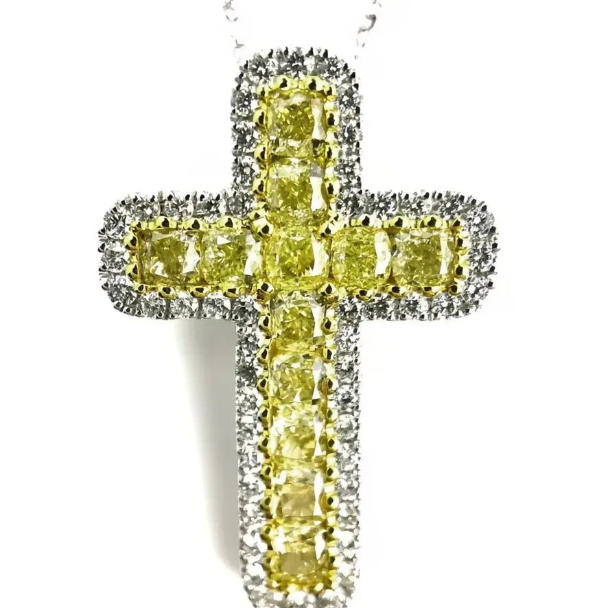 Geometric Cross Pendant Necklace with Yellow Cubic Zirconia in Copper Alloy
