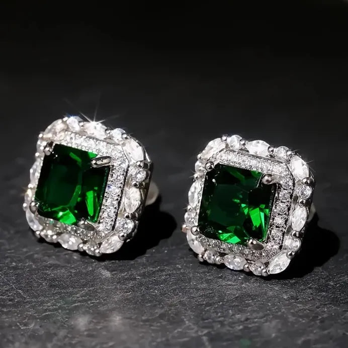 Vintage Green Geometric CZ Stud Earrings Luxury Party Gift for Women