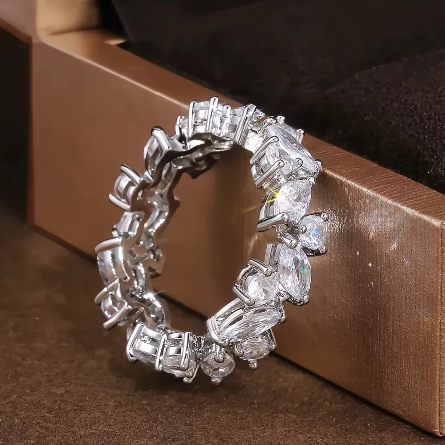 Romantic Bridal Wedding Ring for Women Brass Cubic Zirconia Marquise Round Irregular Band