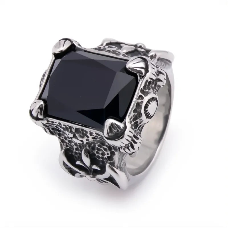Men's Stainless Steel Viking Dragon Claw Ring with Large Zircon Stone Nordic Axe Punk Biker Jewelry