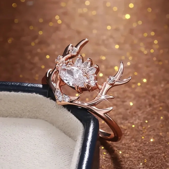 Rose Gold Elk Shape Women’s Ring Brass Cubic Zirconia Fashion Jewelry Gift