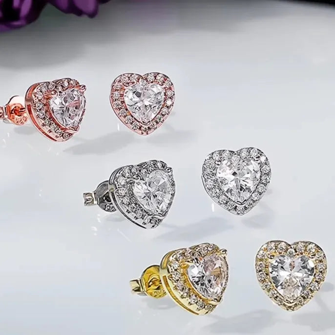 Heart Stud Earrings Cubic Zirconia Copper Alloy Love Jewelry Gift for Women