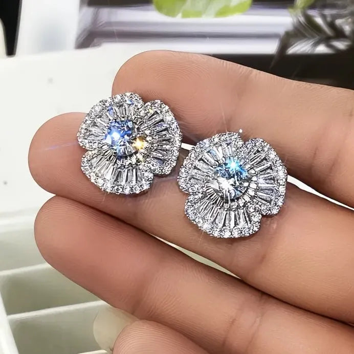 Geometric Cubic Zirconia Petal Stud Earrings Bling Wedding Jewelry