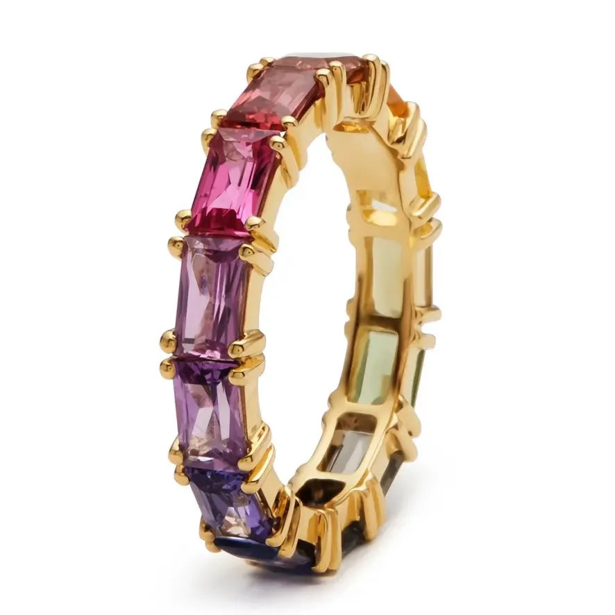 Luxury Girls Rainbow Rings Colorful Cubic Zirconia Brass Geometric Jewelry Gift