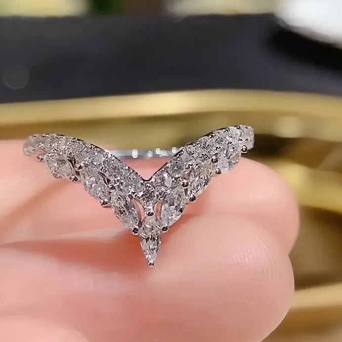 Women’s V-Shaped Bridal Wedding Ring with Geometric CZ Crystal Design