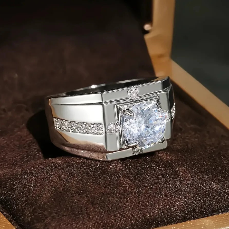 Men's Classic Brass Wedding Ring with Solitaire Cubic Zirconia Jewelry