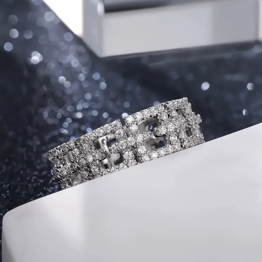 Women’s Geometric Wedding Band Ring Full Paved Shiny CZ Promise Jewelry