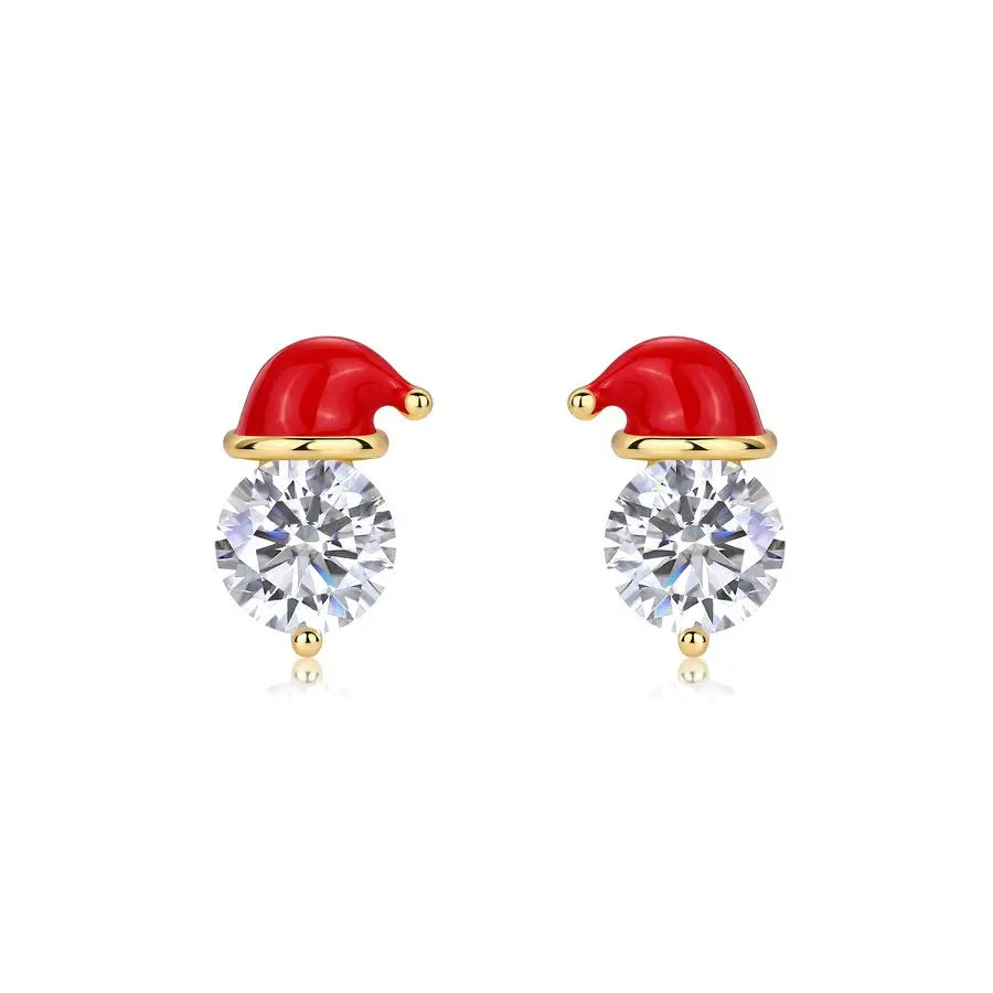925 Sterling Silver Santa Hat Stud Earrings 18K Gold Plated 6.5mm Moissanite Jewelry for Women