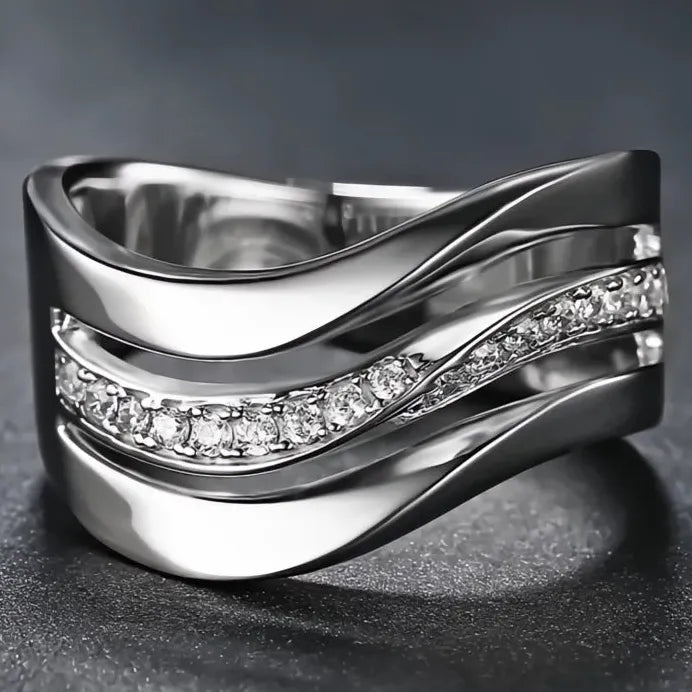Elegant Silver Wave CZ Stone Ring for Women Party and Office Jewelry