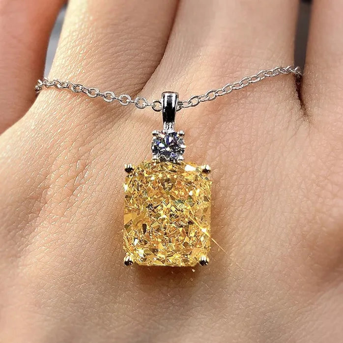 Yellow Square Cubic Zirconia Pendant Necklace Brass Engagement Gift