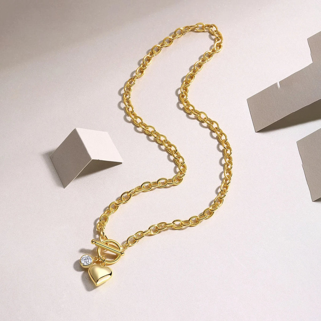 S925 Sterling Silver Toggle Chain Necklace 18K Gold Plated Heart Moissanite Jewelry Gift