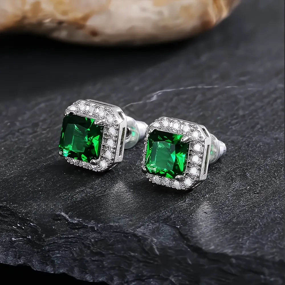 Rectangle Square Green Cubic Zirconia Stud Earrings for Women Elegant Party Anniversary Gift