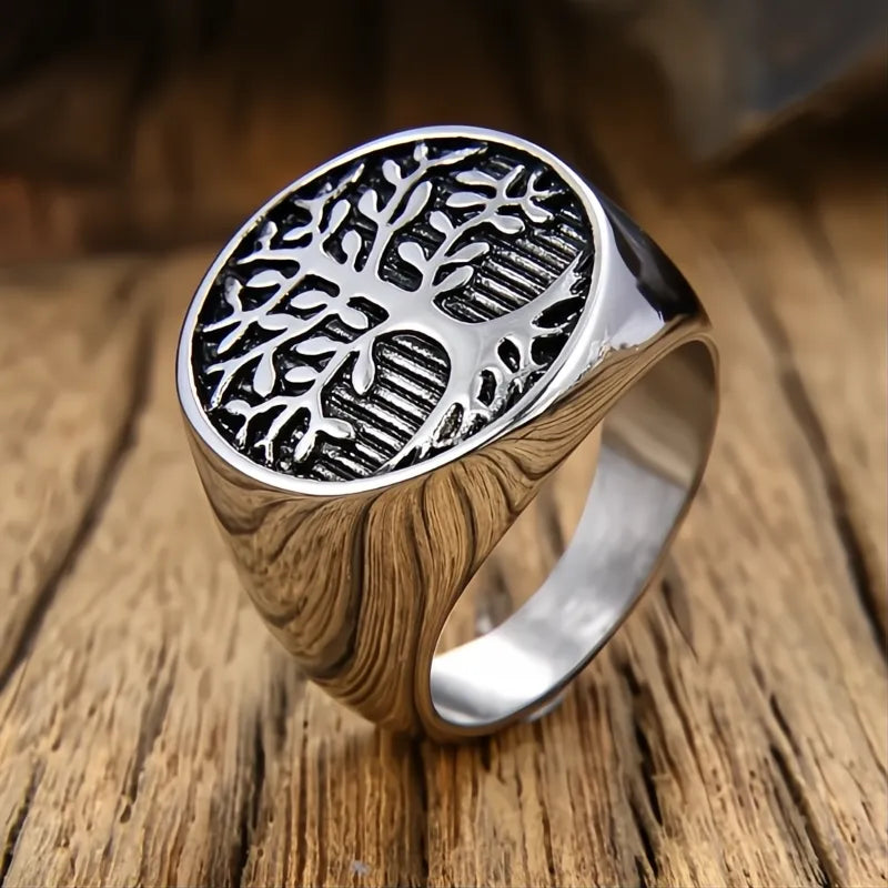 Classic Tree of Life Viking Signet Ring 316L Stainless Steel Gold Silver Men US 7-15
