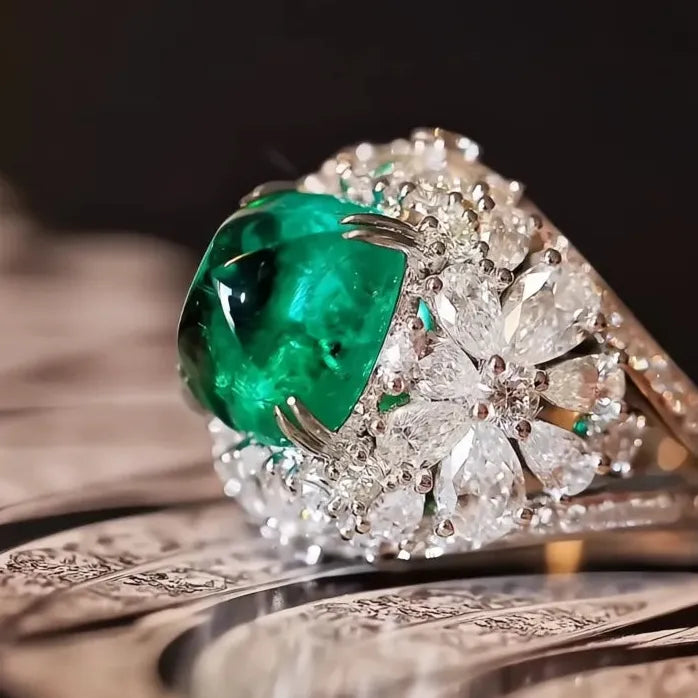 Green Flower Brass Ring for Women Wedding Engagement Jewelry