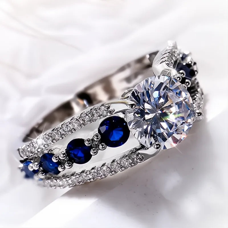 Special-interest Wedding Rings for Women Blue White Round CZ Brass Trendy Party Jewelry Gift