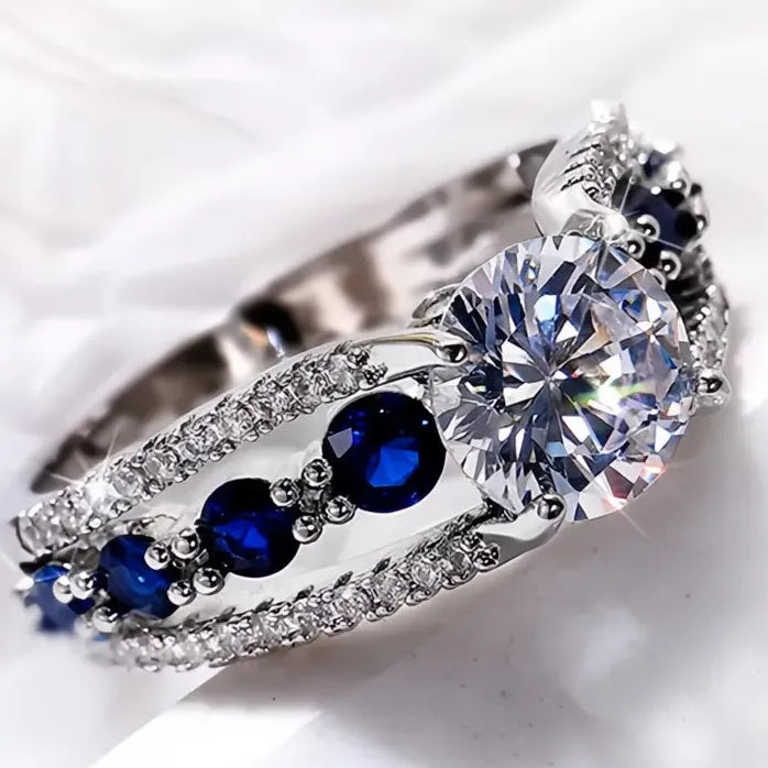 Blue White Round CZ Geometric Wedding Ring for Women Brass Jewelry Gift
