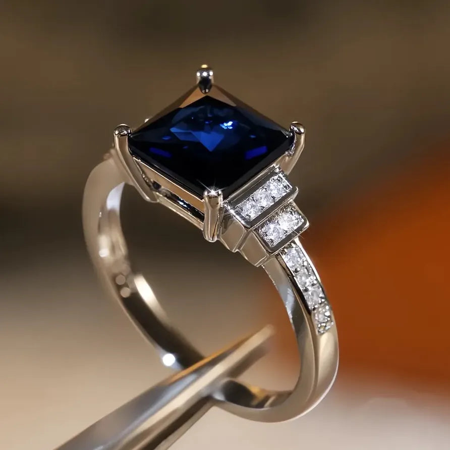 Vintage Blue Square Cut Zircon Women's Wedding Ring with Four Claw Design