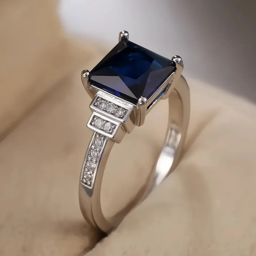Vintage Blue Square Cut Zircon Women's Wedding Ring with Four Claw Design