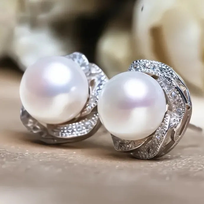 Flower-Shaped Imitation Pearl Stud Earrings for Women Copper Jewelry Gift