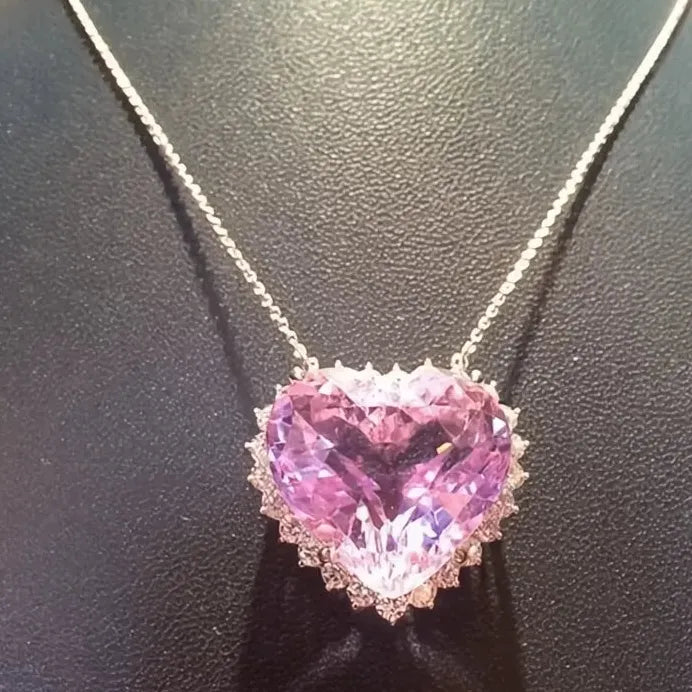 Pink Heart CZ Pendant Necklace Romantic Wedding Engagement Gift Jewelry
