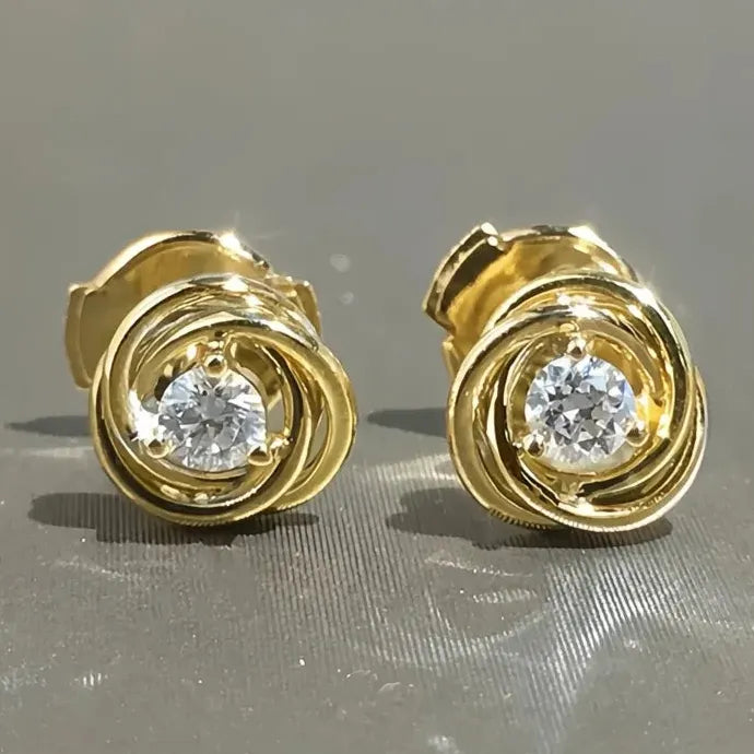 Gold Spiral Copper Alloy Stud Earrings with Single CZ Cubic Zirconia Stone