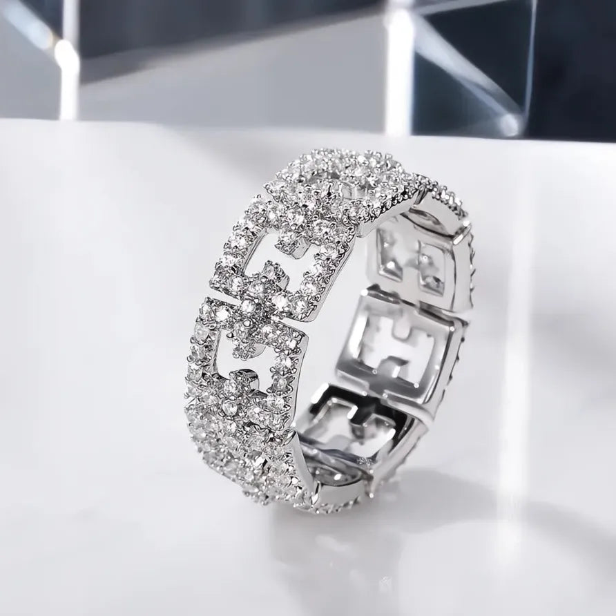 Women’s Geometric Wedding Band Ring Full Paved Shiny CZ Promise Jewelry