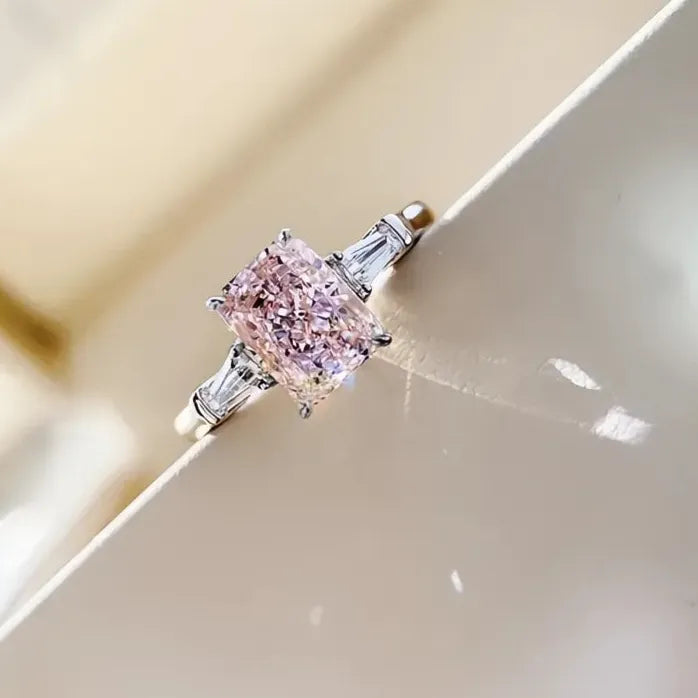 Square Pink Cubic Zirconia Brass Ring for Women Sweet Engagement Gift