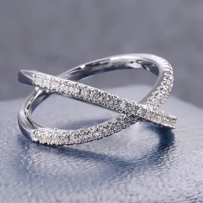 Women’s Luxury Cross X Shape Engagement Ring Silver CZ Paved Jewelry