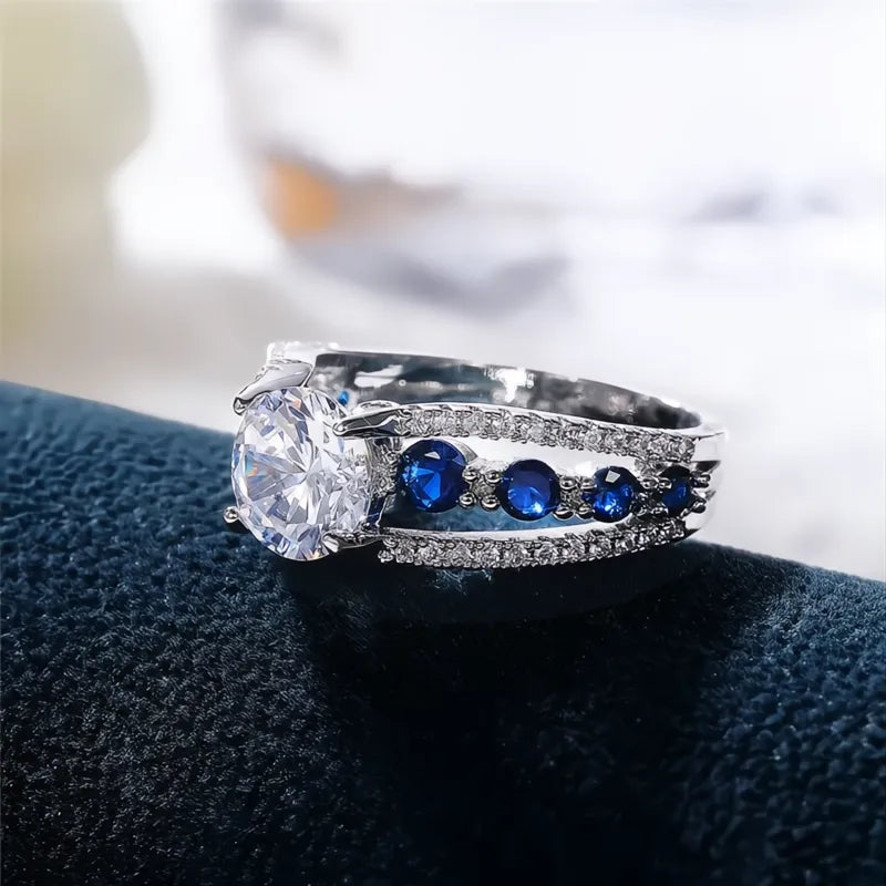 Special-interest Wedding Rings for Women Blue White Round CZ Brass Trendy Party Jewelry Gift