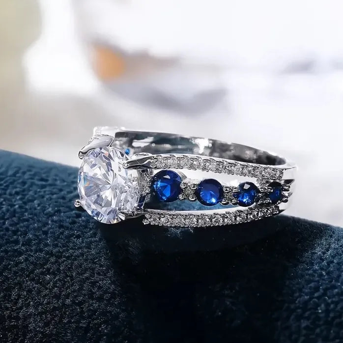 Blue White Round CZ Geometric Wedding Ring for Women Brass Jewelry Gift