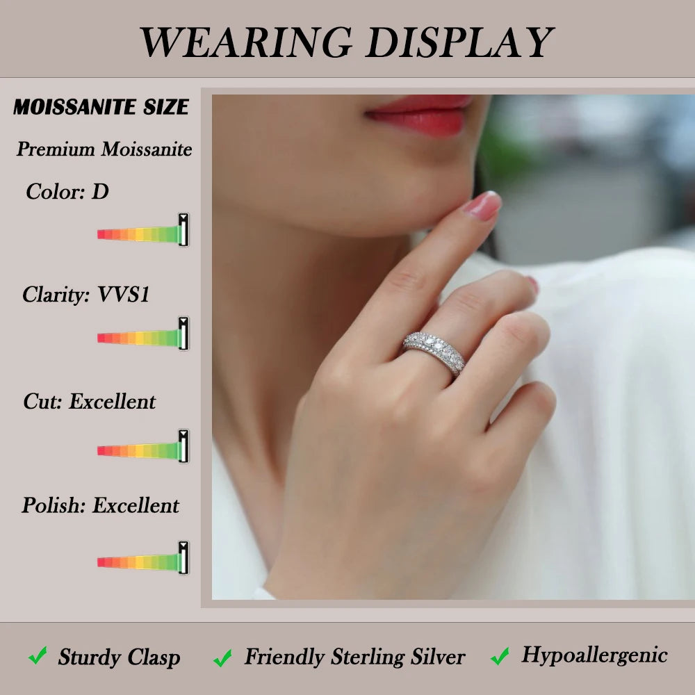 2.572CTW Moissanite Full Eternity Ring 925 Sterling Silver 18K Gold Plated Wedding Band 3 Row
