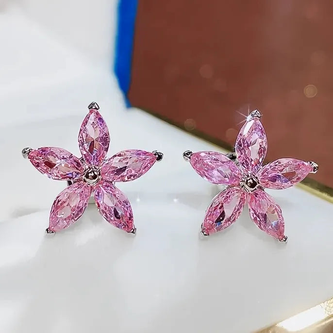 Geometric Flower Stud Earrings with Cubic Zirconia Copper Alloy Jewelry Gift Women