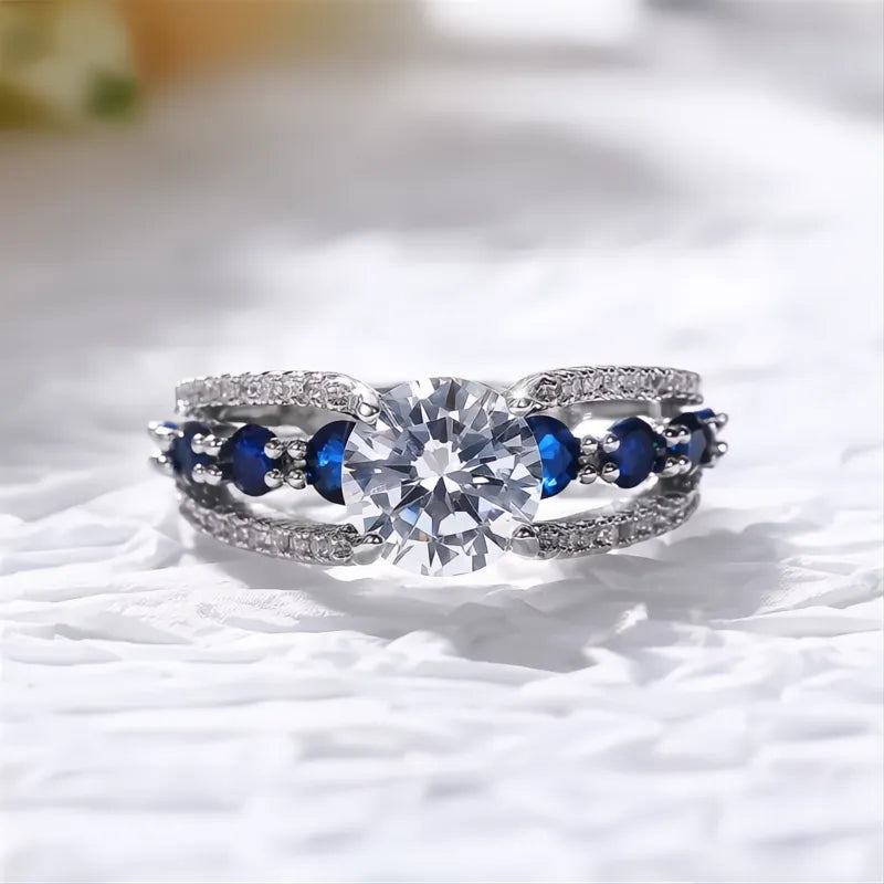 Special-interest Wedding Rings for Women Blue White Round CZ Brass Trendy Party Jewelry Gift