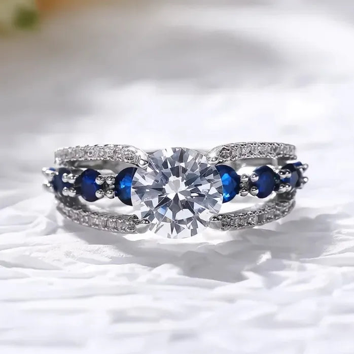 Blue White Round CZ Geometric Wedding Ring for Women Brass Jewelry Gift