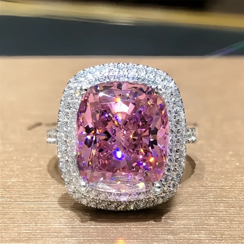 Personality Big Pink Cubic Zirconia Wedding Ring for Women Bridal Marriage Party Jewelry